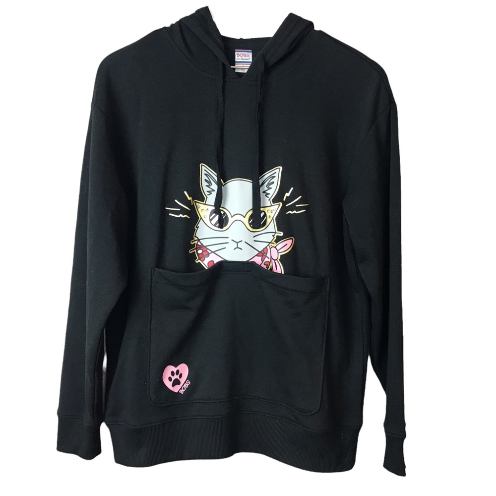 Sketchers Bob’s Cat Black Hoodie Pocket Long Sleeve Sweatshirt Women Sz S